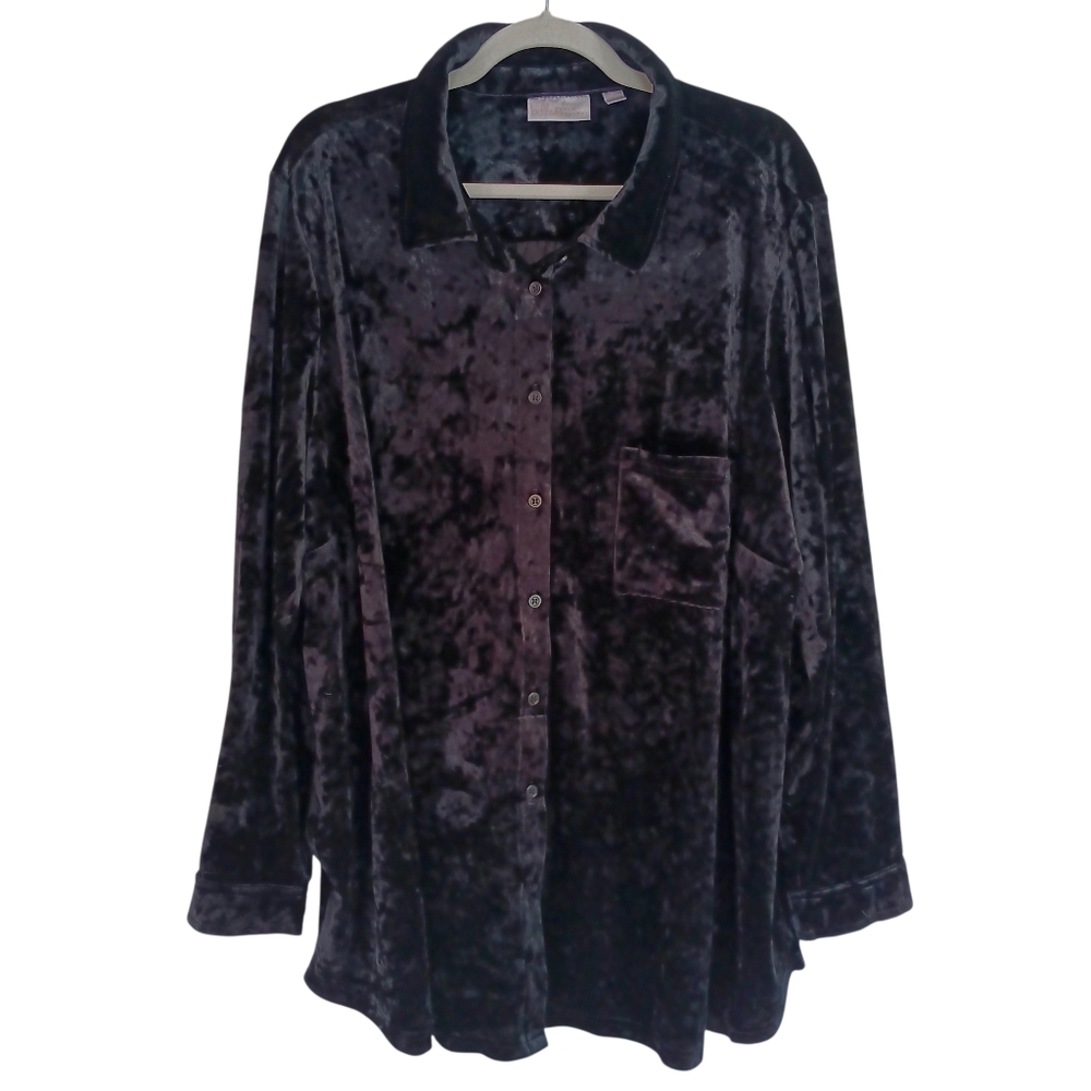 Belle by Kim Gravel Black Velvet Shirt Women's‎ Size 3X Button Down Collar Long